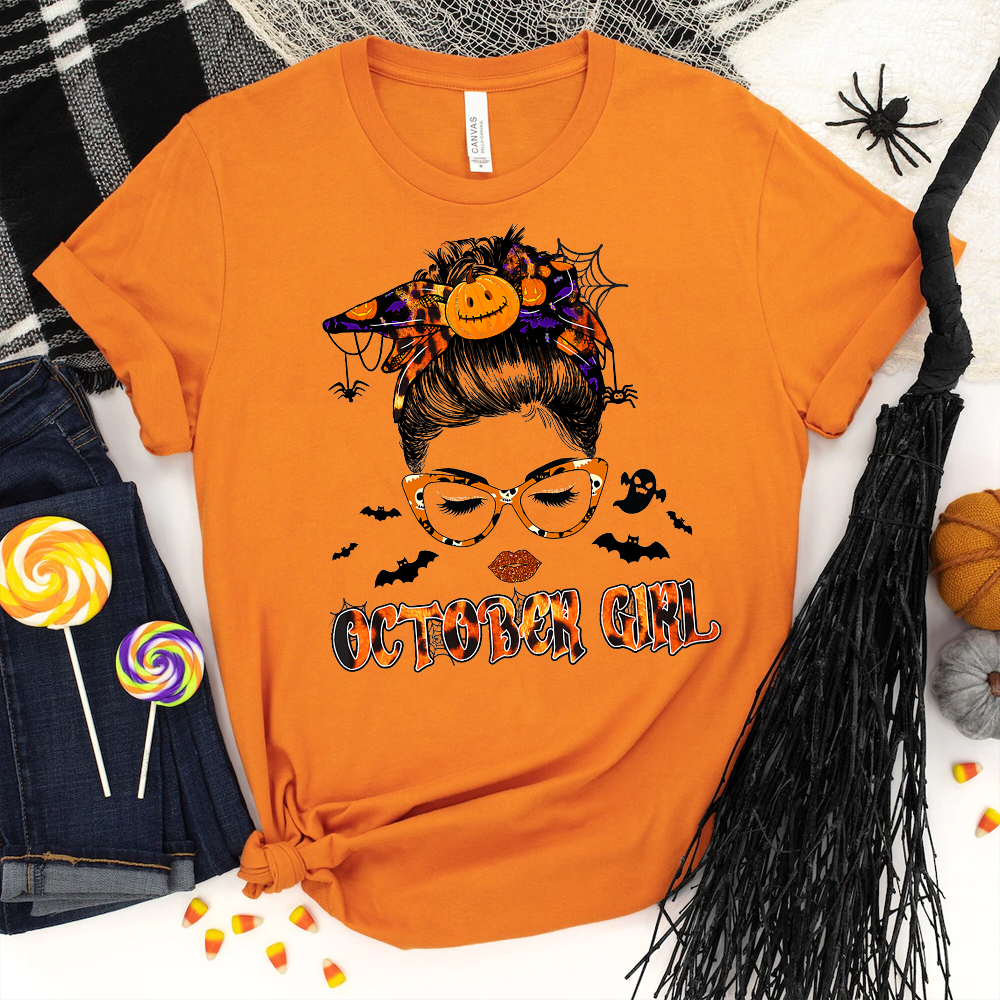 Women October Girl Messy Bun Hair October Birthday Halloween T Shirt
